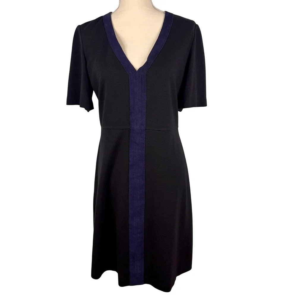 Tory Burch Navy Wool Blend V-Neck Shift Dress Suede Trim Classic Quiet Luxury L‎